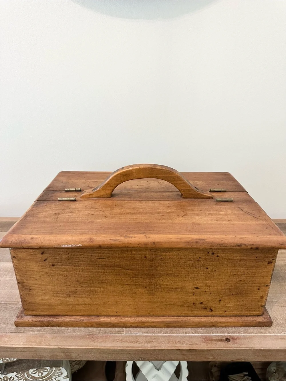 Vintage Wooden Handled Storage Box Tool Caddy Dual Hinged Lid Warm Honey Brown
